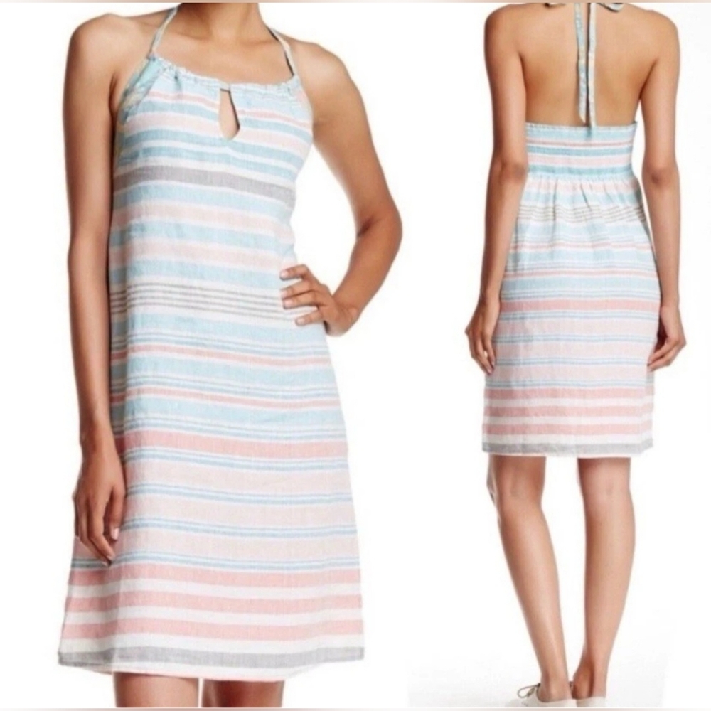 Tommy Bahama Women's Striped Kohala 100%Linen Halter Back Smocked Sundress Sz XS